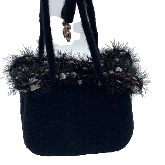 Vintage Convertible Wool Drawstring Purse Black with Metallic Accents and Beads - Picture 4 of 9